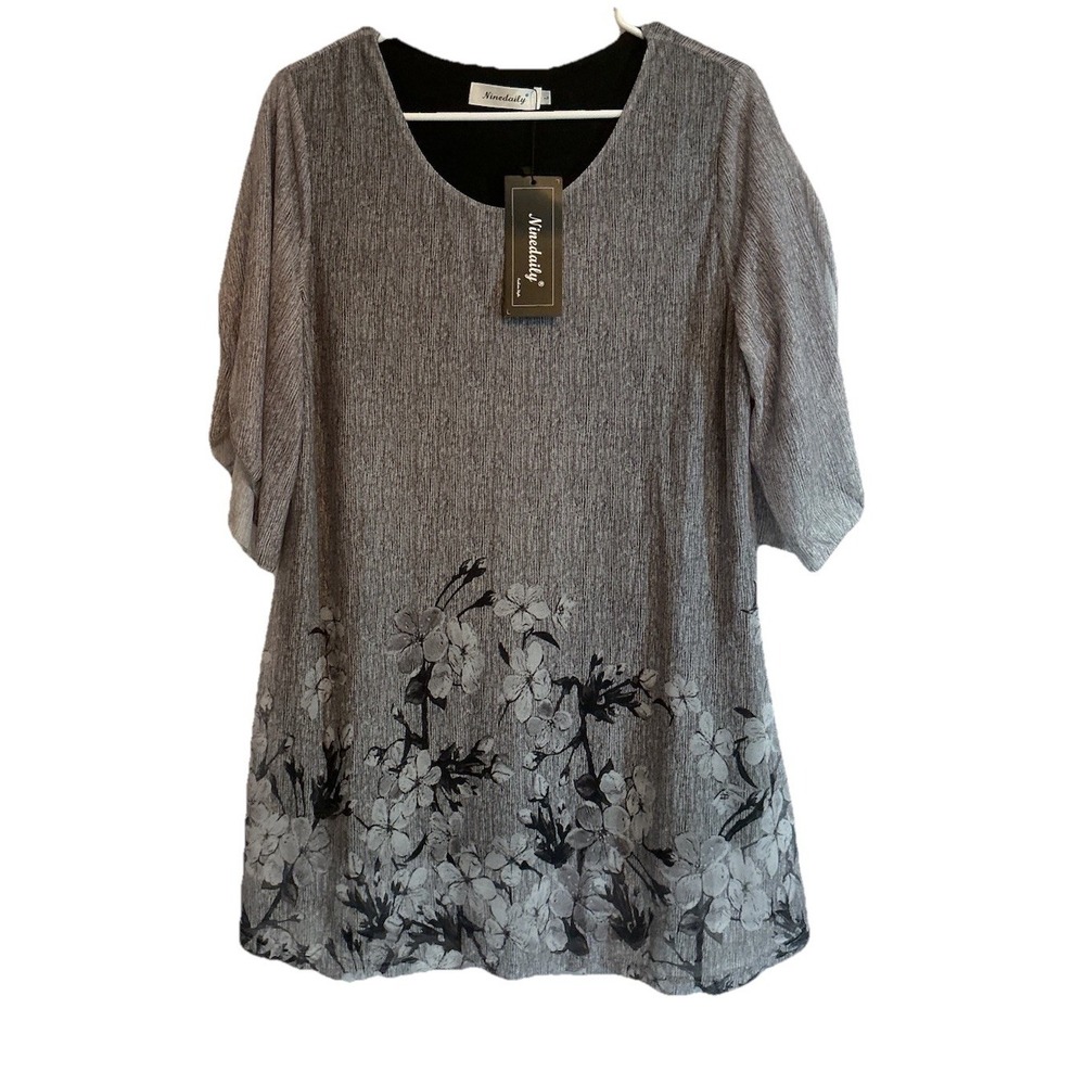 Ninedaily Tunic Grey Black Stretch Knit Split Sleeve Fully Lined Blouse Sz L NWT